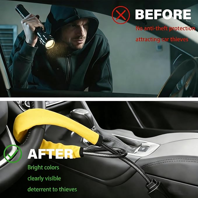 Car Steering Wheel Lock, Reliable Club Steering Wheel Lock Anti-Theft Device with 3 Keys, Max 17 Inch Length, Fits Most Vehicles, Trucks, SUVs, Vans, Golf Car Security Device - Yellow