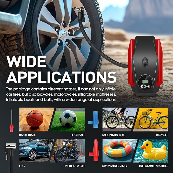 Tire Inflator Portable Air Compressor, 12V DC Air Pump for Car Tires, Bike, Motorcycle, Ball, Electric Bike Tire Pump with Pressure Gauge, LED Light, Auto Shut Off, Red, TOOLS-00679-RD