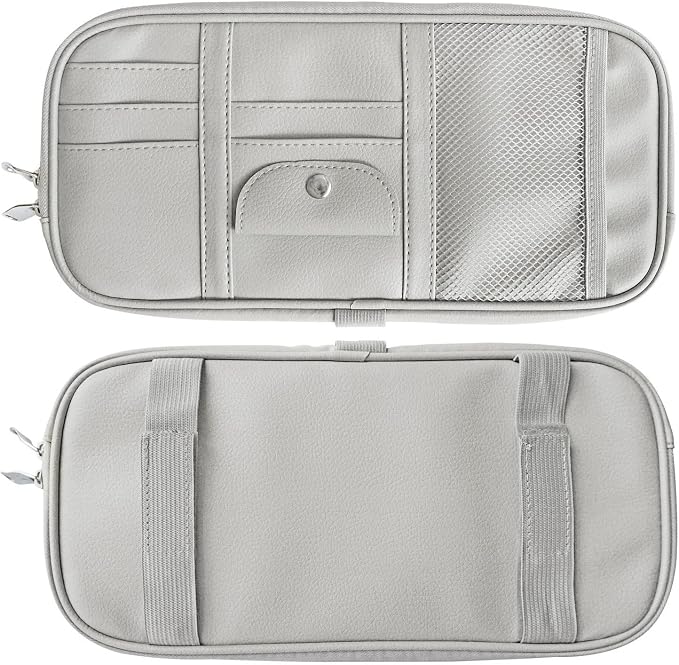 Car Sun Visor Organizer, Multi-Pocket Visor Organizer Storage Pouch for Cars, SUVs & Trucks with Double Zippers, Elastic Bands & Glasses Clip - Organizes Essentials Keep Tidy (Cream Grey)