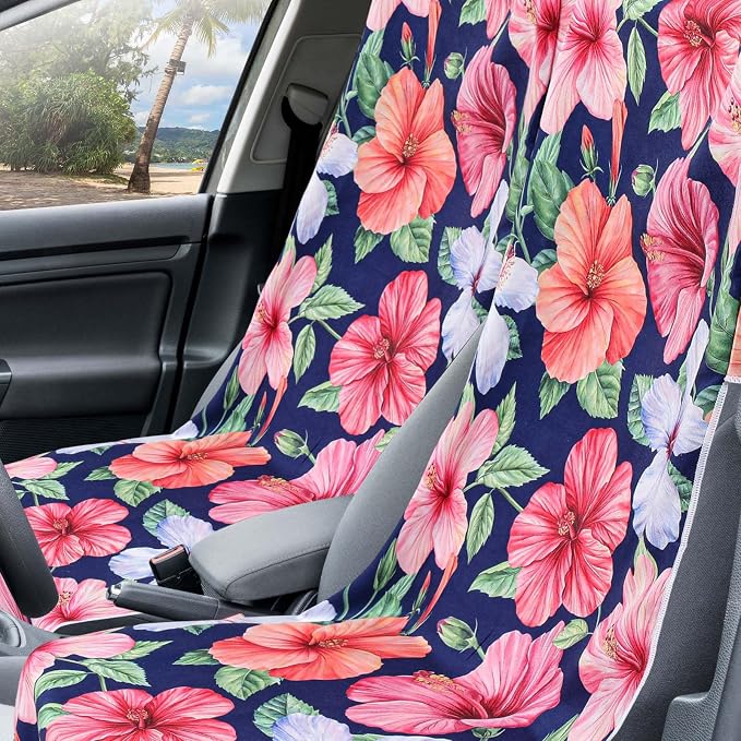 Car Seat Towel Covers with Storage Bag, 63 x 32 Inch Universal Non Slip Waterproof Sweat Protector for Car Truck, Gym Swimming Running, Machine Washable(1 Pack,Summer Flower Hibiscus)