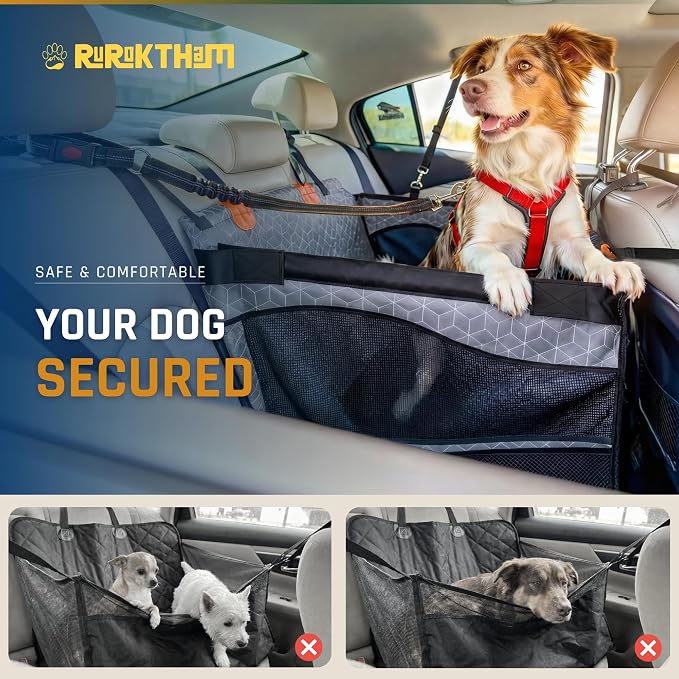 Dog Car Seat for Large Medium Dogs | Waterproof Dog Seat Cover for Back Seat with Hard Bottom | Alloy Twist-Lock Rods | 3 Mesh Windows | Removable Fleece Mat | Cars, SUVs, Trucks (Grey)