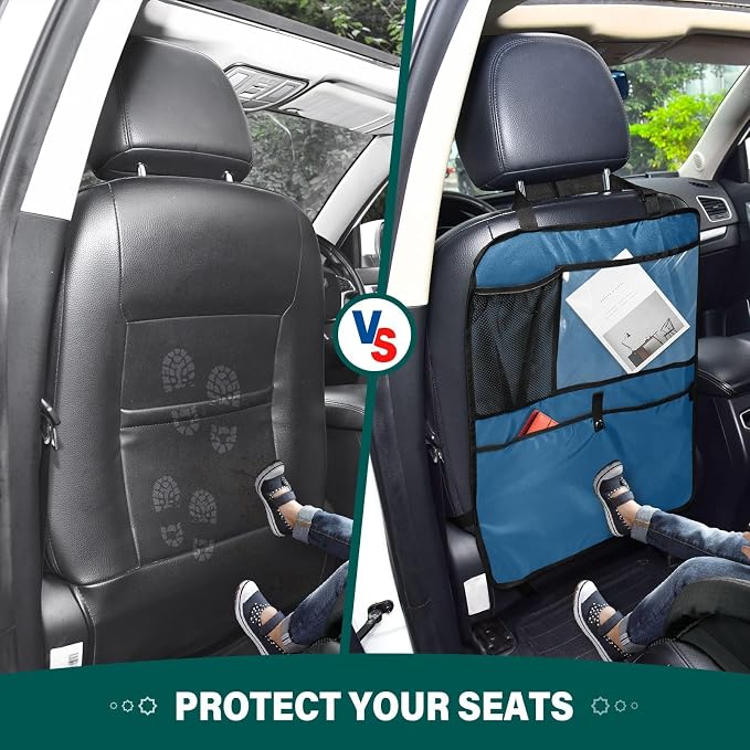Marine Blue Seat Back Organizer Car Backseat Protective Kick Mat with Mesh Pockets, Kick Mats Back Seat Protector for Suv