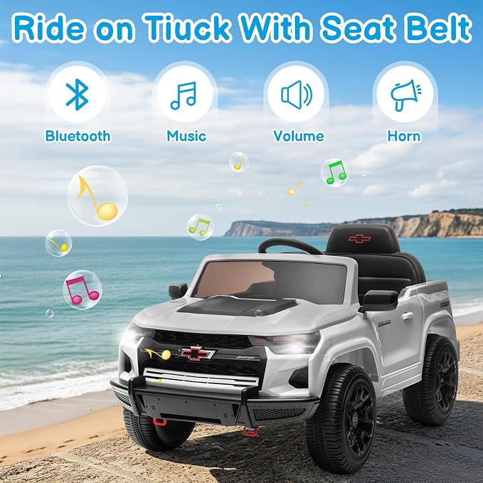 Licensed Chevrolet Colorado Electric Car for Kids, 12V Ride on Toys for Toddlers with Remote Control, Battery Powered Electric Car Ride On Vehicle w/Bluetooth, Soft Start, LED Lights - White