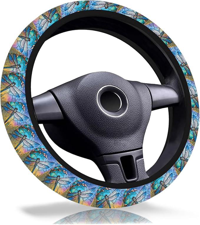Dragonfly Steering Wheel Cover 15 Inch Universal Neoprene Steering Cover | Dragonfly Car Accessories Decor Non-Slip Fit Auto SUV Truck, Gifts for Women Men Dragonflies Love Birthdays Festivals