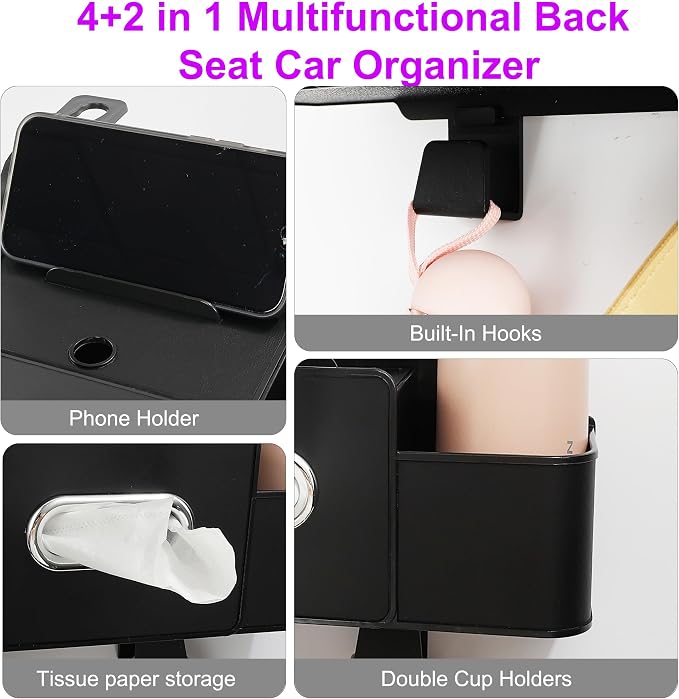 Back Seat Car Organizer, 4+2 in 1 Multifunctional Car Backseat Storage Box with 2 Cup Holders Tissue Box Hook, Car Interior Storage for Travel Phones Snacks Drinks(Black)
