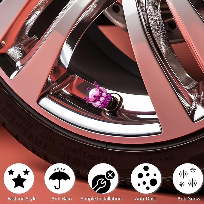 4PCS Crown Bling Tire Stem Valve Caps, Crystal Diamond Car Wheel Tire Valve Caps Universal Copper Core Stem Covers for Cars, SUV, Trucks, Bikes, Motorcycles, Bicycles (Purple & Pink)