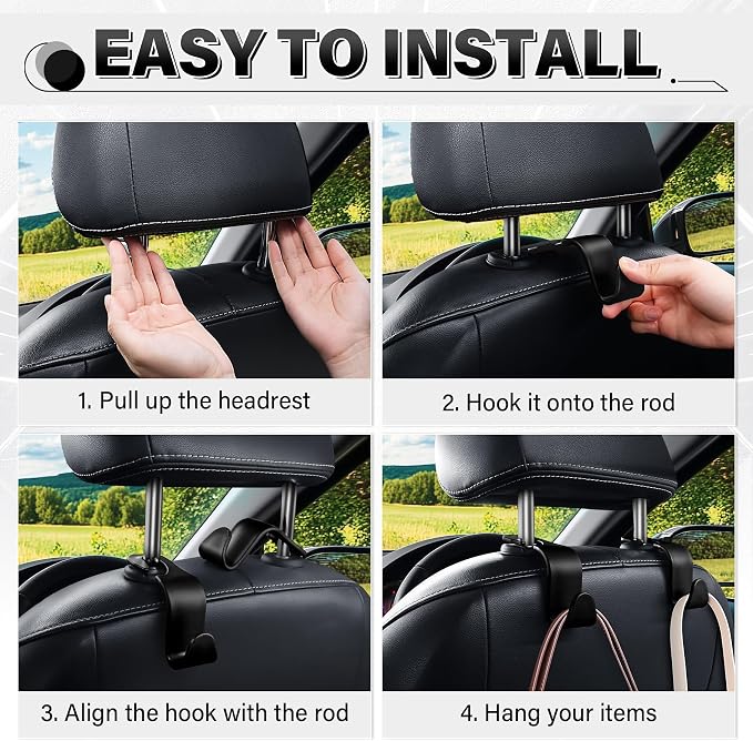 4 Pack Car Seat Headrest Hooks, Vehicle Back Seat Hanger Storage Organizer for Purse Handbag Backpack Coat Grocery, 360° Rotating Heavy Duty Holds 44lbs, Black