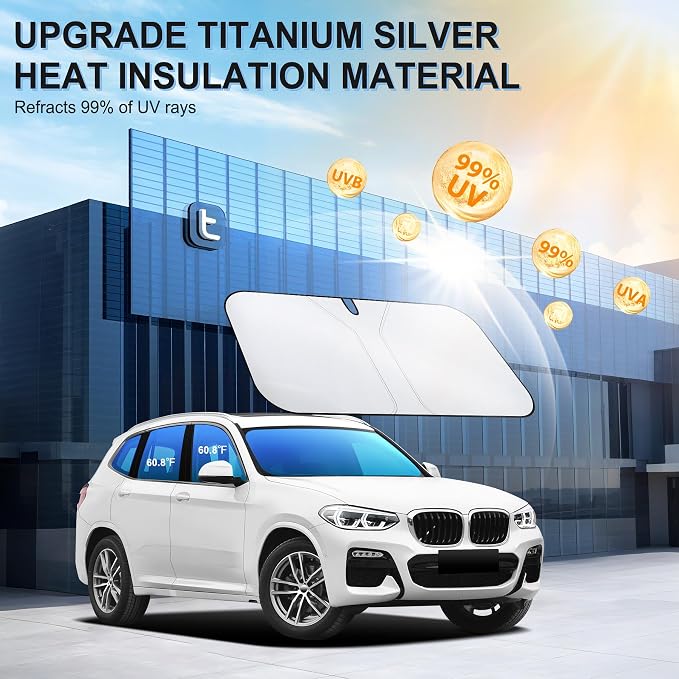 Universal 300T Car Windshield Sun Shade, Foldable Reflective for Windshield & Window Shades with Overlapping Design, Car Interior Accessories (64.5" L x 33" W)