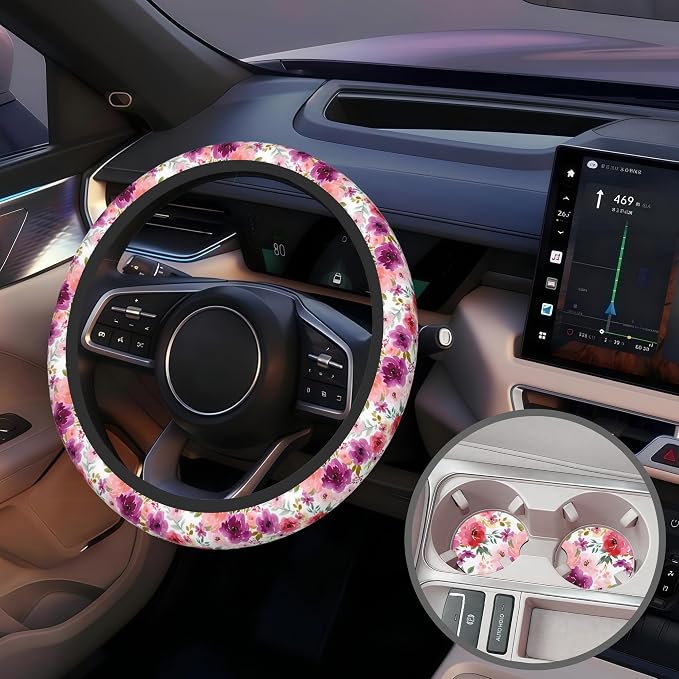 Watercolor Peony Floral Steering Wheel Cover for Women, Anti-Slip Car Steering Wheel Cover with 2 Pcs Cup Holders Neoprene Breathable Car Accessories Universal 15 Inch Auto Interior Decor