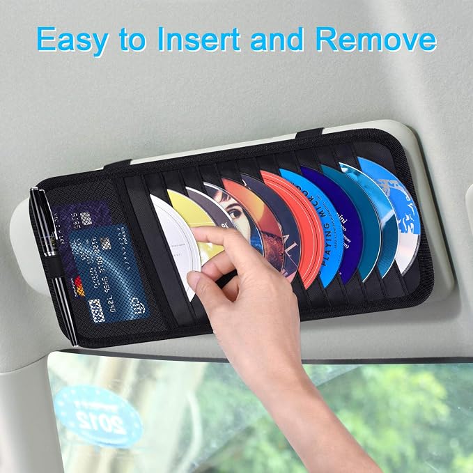 Car CD Case Holder, Vehicle Sun Visor Organizer for Cars with 12 DVD Storage Sleeves, 1 Mesh Pocket, 1 Pen Holder and Elastic Strap, Black