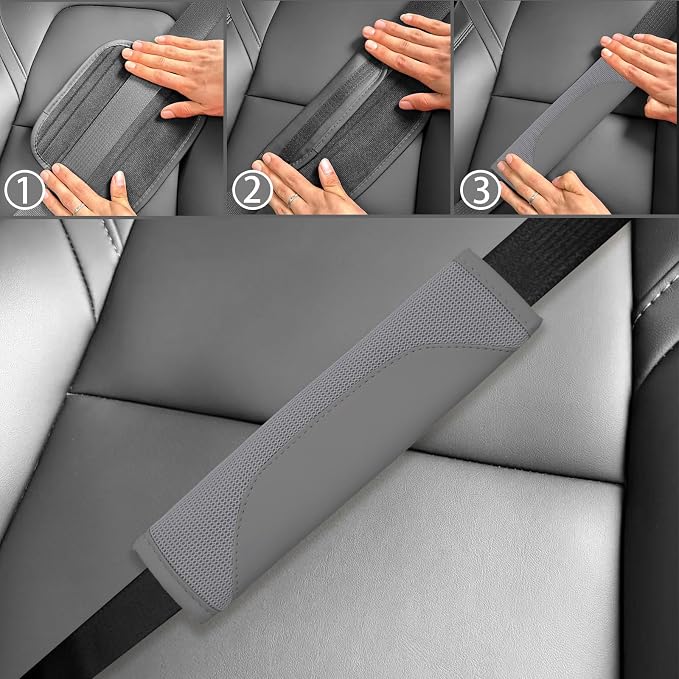 6 PCS Nappa Microfiber Leather Grey Steering Wheel Cover Set, Breathable Fabric Steering Wheel Cover 14.5-15inch Universal, Car Center Console Cover, Seat Belt Cushion, Cup Holder Coaster