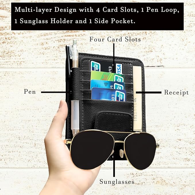 2 Pcs Car Sun Visor Organizer, Black | Premium Leather, Sunglasses Holder, Multi Functional Storage Bag, Card Document Holder