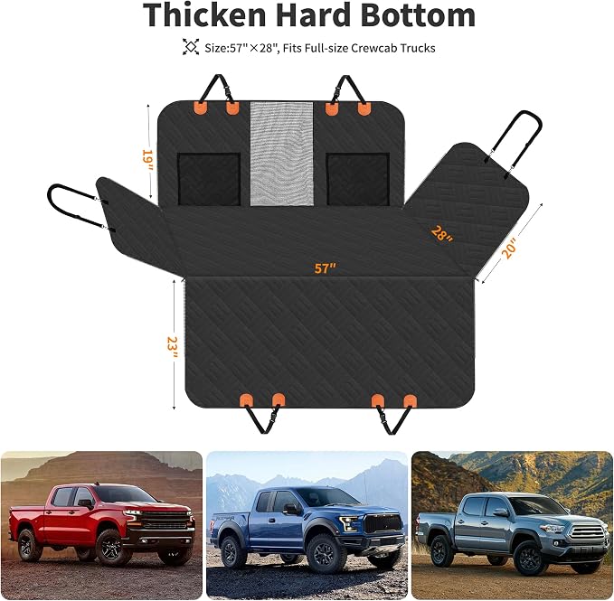 Dog Seat Cover for Full-Size Trucks & SUVs, 3-Section Hard Bottom, Waterproof & Nonslip Car Hammock for Large Dogs, Pet Truck Extender Cover, Spacious Space(+ 45%), Black