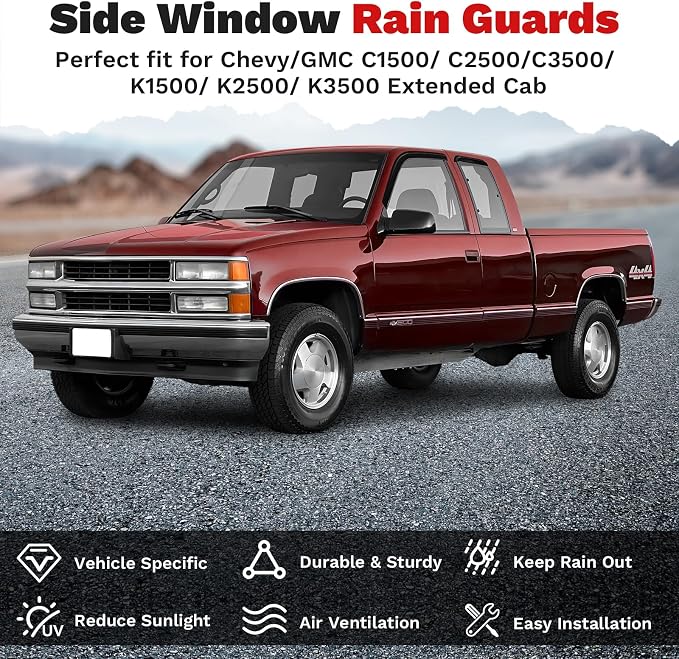 Window Visors Rain Guards for 1988-1999 Chevy/GMC C/K1500 2500 3500 Extended Cab Accessories, Outside-Mount Tape-On Side Window Wind Deflectors Vent Visors Shades Rainproof 4PCS