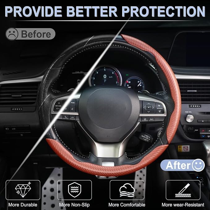 3pcs Carbon Fiber Anti-Skid Steering Wheel Cover, Waterproof & Segmented Butterfly Design, Universal 99% Vehicle Wheel Cover Protector, Car Interior Accessories (Champagne-3pcs)