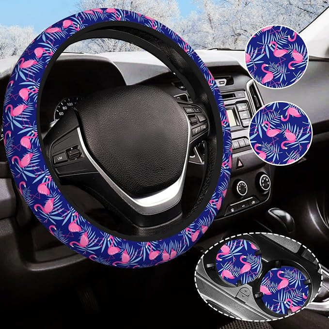 Flamingo Car Steering Wheel Cover Anti-Slip and Practical 14.5-15 Inch Universal Purple car Accessories with 2 Pieces Car Coasters Suitable for Men Women