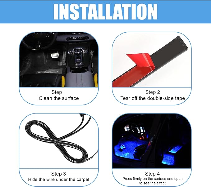 Car LED Strip Light, 24 LED 12V USB Port, Blue | RGB Neon Auto Interior Atmosphere Lights, Under Dash Ambient Night Light, Universal Decorative Lamp Accessory for Car Truck
