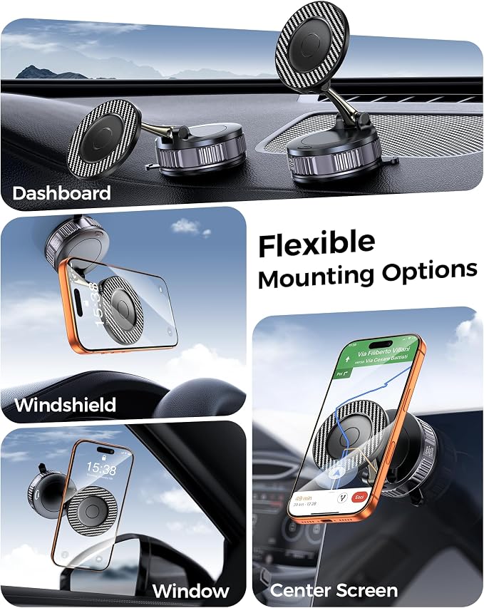 Car Phone Holder for Magsafe – [Carbon Fiber] Phone Mount for Car [Super Strong Magnetic, 360° Adjustable, 108LBS Vacuum Suction] Phone Holders for Your Car, Car Accessories for iPhone 17–12 Series