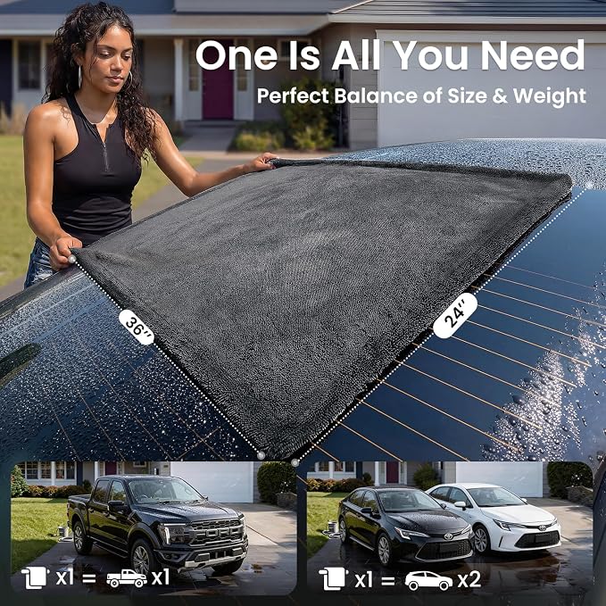 2 Pack 1300 GSM Car Drying Towel, [Twisted Loop, Pro-Grade Care] Car Microfiber Cleaning Cloth Accessories, Streak Free, Lint Free, Reusable, 2Pcs (36"×24"+16"×16"), Black Gray