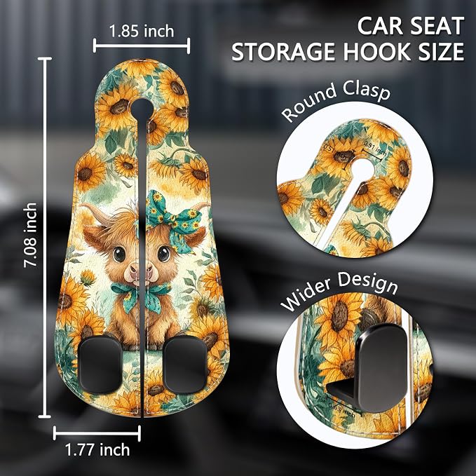 2PCS Car Hooks for Purses Bags, Highland Cow Cattle Artwork Modern Seat Back Storage Headrest Holder Hanger PU Leather Double Metal Backseat Organizer, Women Car Accessories Organization
