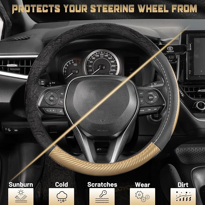 Steering Wheel Cover for Car, Standard Size 14.5-15 inch, Auto Interior Accessories, Black with Golden Carbon Fiber Pattern