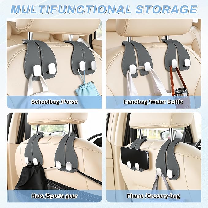 2PCS Car Purse Holder Hook, Seat Back Storage Hook, Leather-Wrapped Alloy Double Headrest Hook for Purses & Bags, Cute Car Interior Accessories for Women and Men, Gray