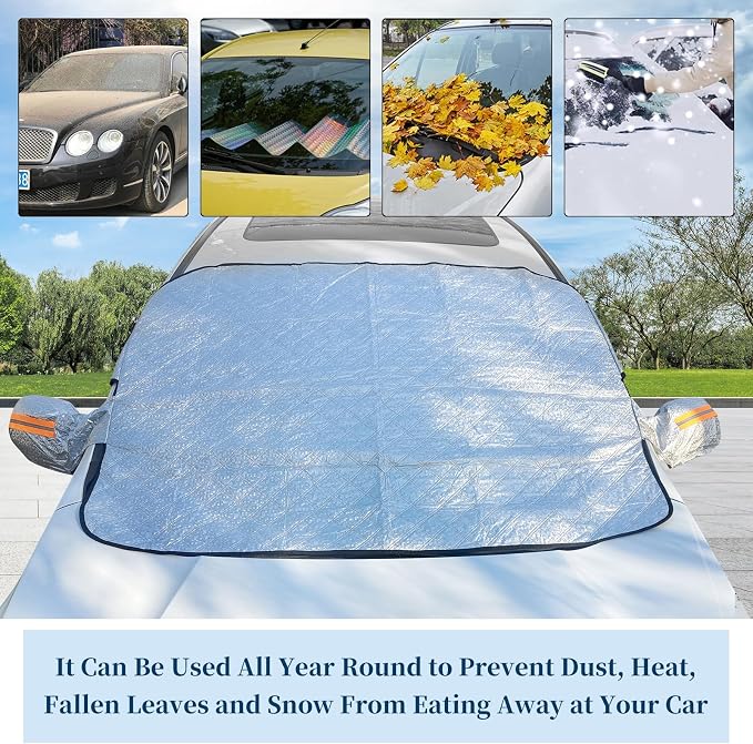 Car Windshield Snow Cover, 4-Layer Protection for Snow, Ice, Frost, Sunlight, Large Magnetic Car Windshield Cover with Side Mirror Protector Fit for Large Cars, SUV, Truck, Van in All Weather