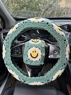 Handmade Crochet Sun Car Steering Wheel Covers Universal 14-15 inch,Cute Steering Wheel Cover,Car Accessories (Sun Wheel Cover+2belt Cover+2Coaster+Hanging)