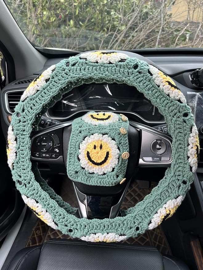 Handmade Crochet Sun Smiling face Car Steering Wheel Covers Universal 14-15 inch,Cute Steering Wheel Cover,Car Accessories (Sun Wheel Cover+2 Belt Cover)