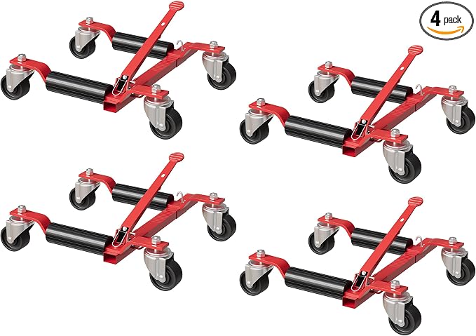 Car Wheel Dolly Jack Set of 4, Mechanical 6000lbs Vehicle Skates, 12'' Wheel Dollies Positioning Jack, Heavy Duty Rollers with Ratcheting Foot Pedal for for Tire Repairing, Vehicle Moving, Red