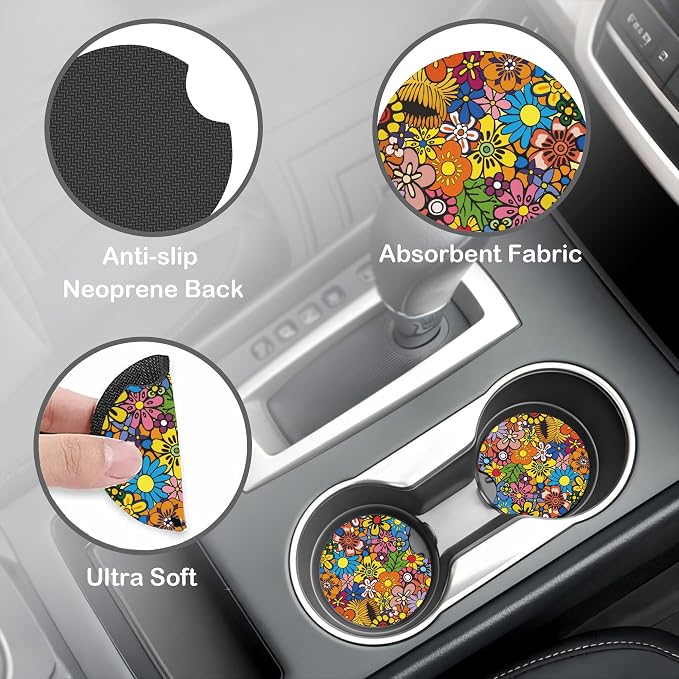 Bright Hippie Flower Steering Wheel Cover for Women, Anti-Slip Car Steering Wheel Cover with 2 Pcs Cup Holders Neoprene Breathable Car Accessories Universal 15 Inch Auto Interior Decor