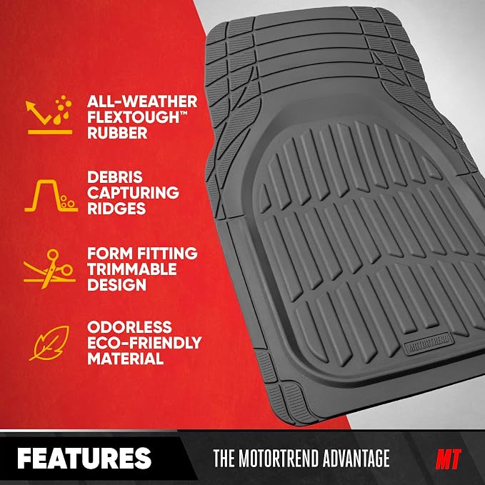 FlexTough LITE Rubber Car Mats Full Set - All Weather Floor Mats for Trucks, Cars & SUVs - Automotive Waterproof Gray Car Floor Mats for Cars Interior Accessories Universal Trim-to-Fit