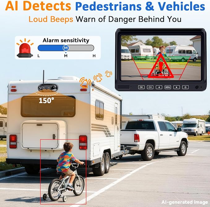 HD 1080P RV Backup Camera Wireless Easy Install: Plug and Play 7'' DVR 4-Channels Split Screen for Furrion Pre-Wired RVs System - AI Motion Detection Rear View Camera Clear Night Vision to 32ft