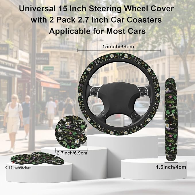 Floral Steering Wheel Cover with 2 Car Coasters,Watercolor Wildflower Anti-Slip Steering Wheel Cover,Elastic Breathable Car Interior Accessories,Universal 14.5"-15" Fit Auto,SUVs