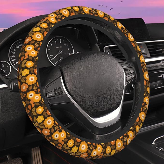 Retro 70s Groovy Orange Floral Steering Wheel Cover for Women Men Neoprene Breathable Wheel Cover Protector Anti-Slip Car Accessories Universal 15 Inch Fit for Cars Trucks Vehicles