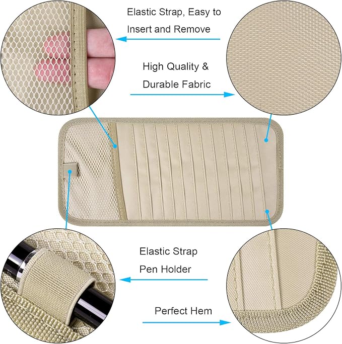 Car CD Case Holder, Vehicle Sun Visor Organizer for Cars with 12 DVD Storage Sleeves, 1 Mesh Pocket, 1 Pen Holder and Elastic Strap, Khaki