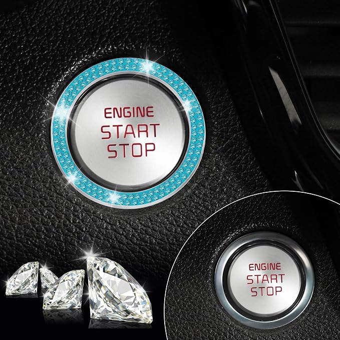 2 PCS Crystal Double Rhinestone Car Engine Start Stop Decoration Ring, Bling Car Interior Accessories for Women, Push to Start Button Cover Sticker, Automotive Decals, Cyan
