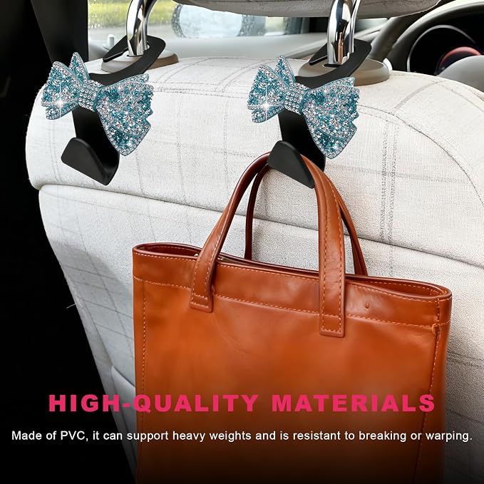 2PCS Bling Bow Car Seat Headrest Hooks, S-Type Crystal Auto Rear Seat Organizer for Handbags Purses Groceries, Cute Rhinestone Bow Seats Back Storage Hook for SUV Truck Sedan (Light Blue)