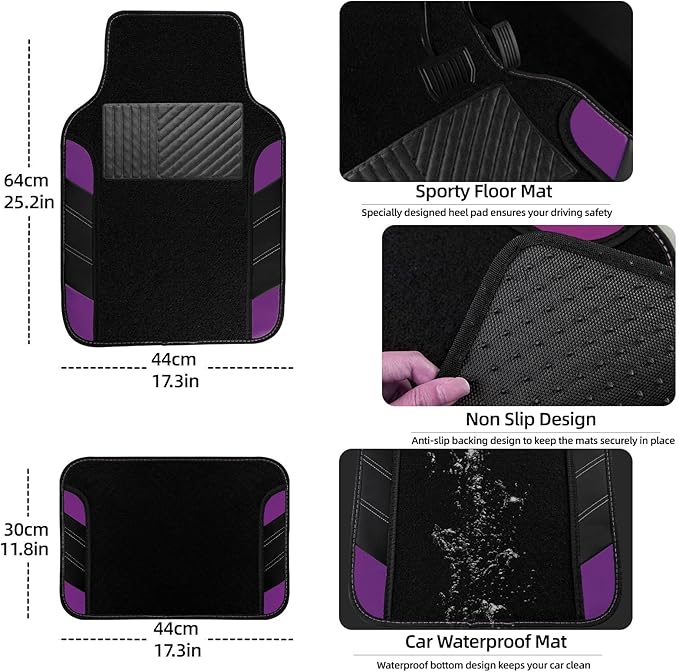 10 Pcs Car Floor Mats Full Set & Sport Leather Steering Wheel Cover 14.5-15 inch, Center Console Cover, Seat Belt Cushion, Cup Holder Coaster, Universal Automobile Interior Sets (Purple)