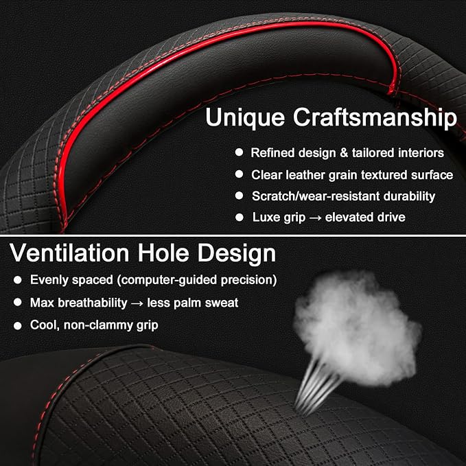 Auto Car Steering Wheel Cover for Hyundai,Tucson,Sonata,Elantra,Santa Fe,Genesis,Sonata Hybrid,Azera,Venue,Kona, 14.5-15 inches(Red-Standard Size)
