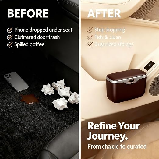 Car Trash Can with Lid - Leakproof Mini Garbage Bin for Door or Seatback,Premium ABS Auto Organizer,Space-Saving Car Garbage Can for Commuters,Families and Pet Owners,Fit for SUV,Sedan,Truck (Brown)