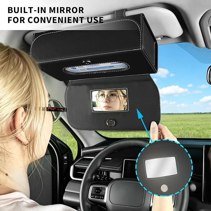 Car Tissue Holder Leather PU Tissues Box Cover for Sun Visor Extra Large Rectangle Napkin Holder Fits for Various Tissue Sizes Soft Tissues Storage & Organization