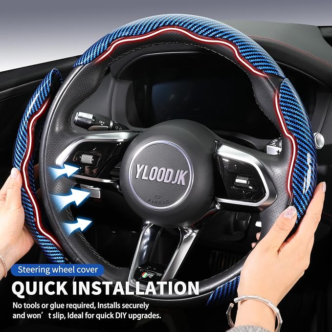Universal Steering Wheel Cover,Carbon Fiber,3pcs Set(blue) | Clip-On Segmented Fit;Carbon Fiber Look;Fits Most 14-16 in Round or D-Shaped Wheels;Easy Wipe Clean;Non Slip;4 Colors