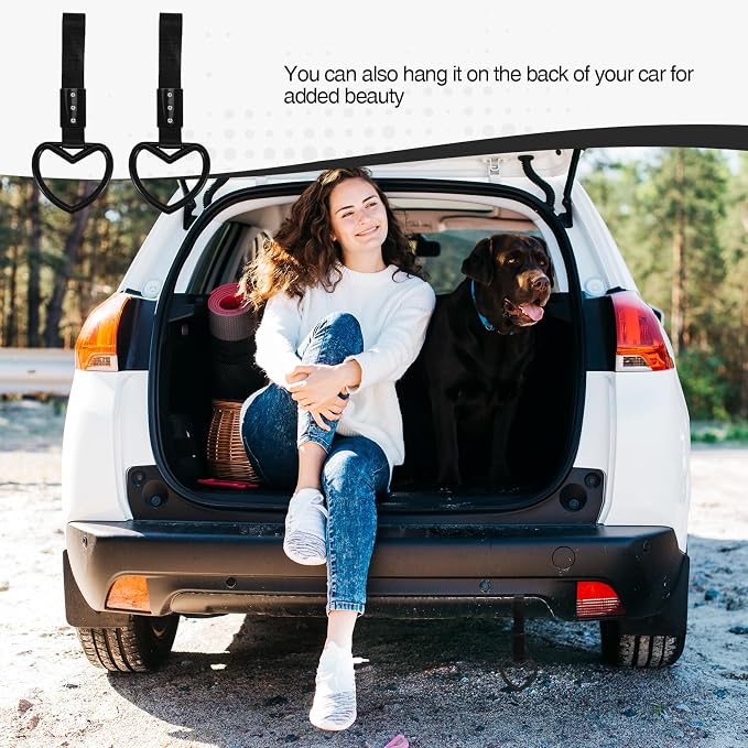 2PCS Heart Shaped Car Handle Straps, Rear Bumper Warning Keychain Ring for Car Exterior Accessories (Black)