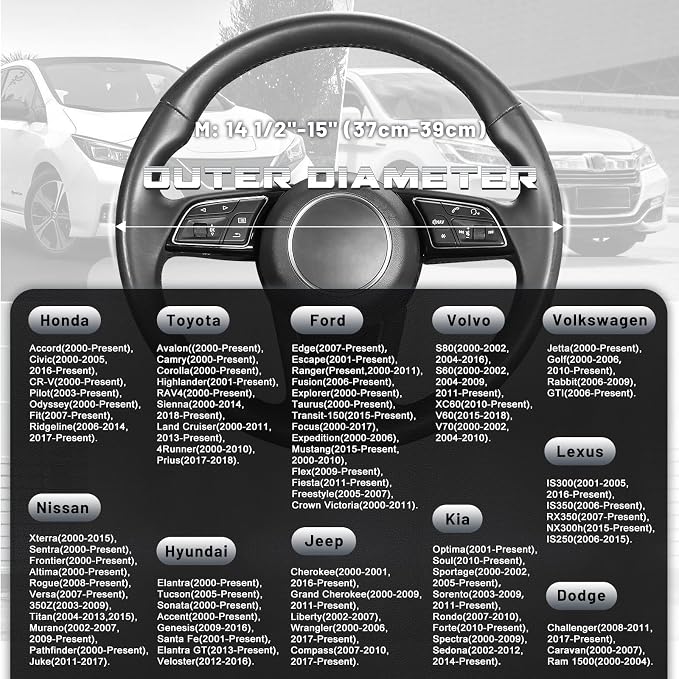 Steering Wheel Cover for 14.5-15 inch Wheels, Breathable PU Leather with Perforated Sides, Anti-Slip Grip, Universal Fit for Cars & SUVs, Black and Gray