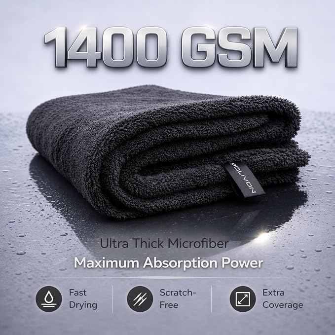 Car Drying Towel 24”x36”, 1400 GSM Twisted Loop Microfiber, Ultra Absorbent, Streak-Free, Lint-Free, Scratch-Free for Car, Truck & SUV, Quick Drying in Fewer Passes (Charcoal Gray)