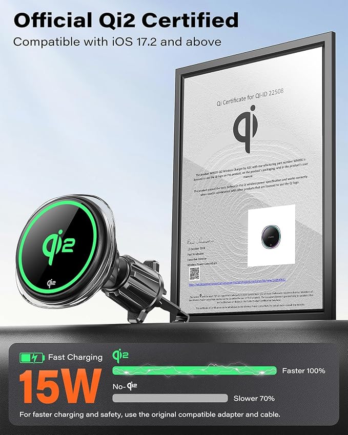 A2C Qi2 15W Wireless Car Charger CD Mount for MagSafe, Magnetic Wireless Charger Car Air Vent | CD Slot with TEC Thermoelectric Cooler Module, Fast Charging for iPhone 17 16 15 14 13 12 Series