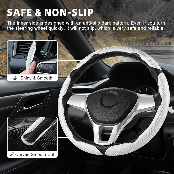 3pcs Carbon Fiber Anti-Skid Steering Wheel Cover, Waterproof Design, Universal Fit for 14-16 Inch Car Wheel Cover, Interior Car Accessories for Jeeps, SUVs, Trucks (Glossy White)