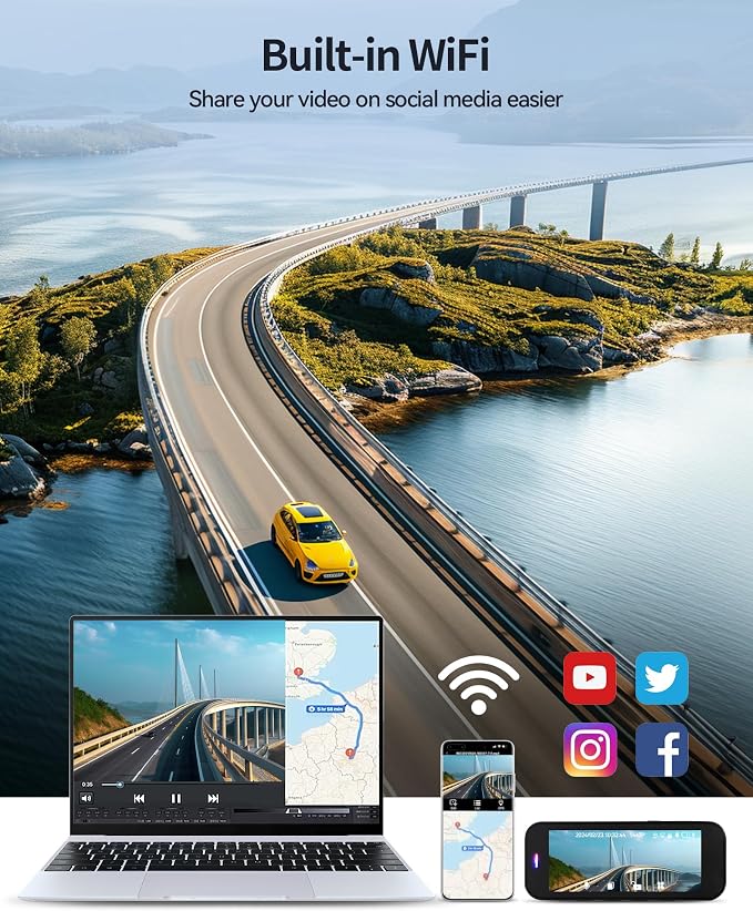 Dash Camera for Cars, 4K Dash Cam Front and Rear with 5G WiFi, Free Card Included, Loop Recording, Night Vision, 170°Wide Angle, G-Sensor, 24H Parking Mode