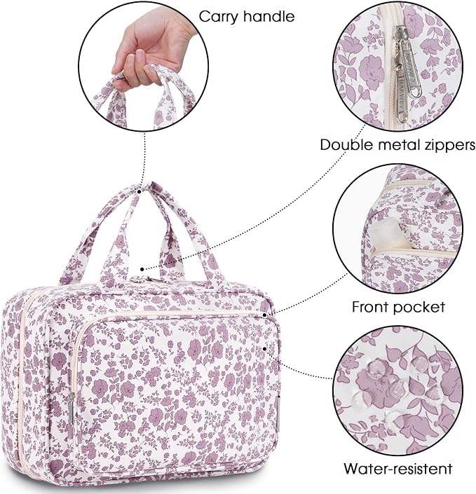 Travel Toiletry Bag for Women Large Hanging Makeup Bag Organizer Toiletries Bag for Full Size Essentials Accessories Cosmetics (Dusty Pink Flower (Large))